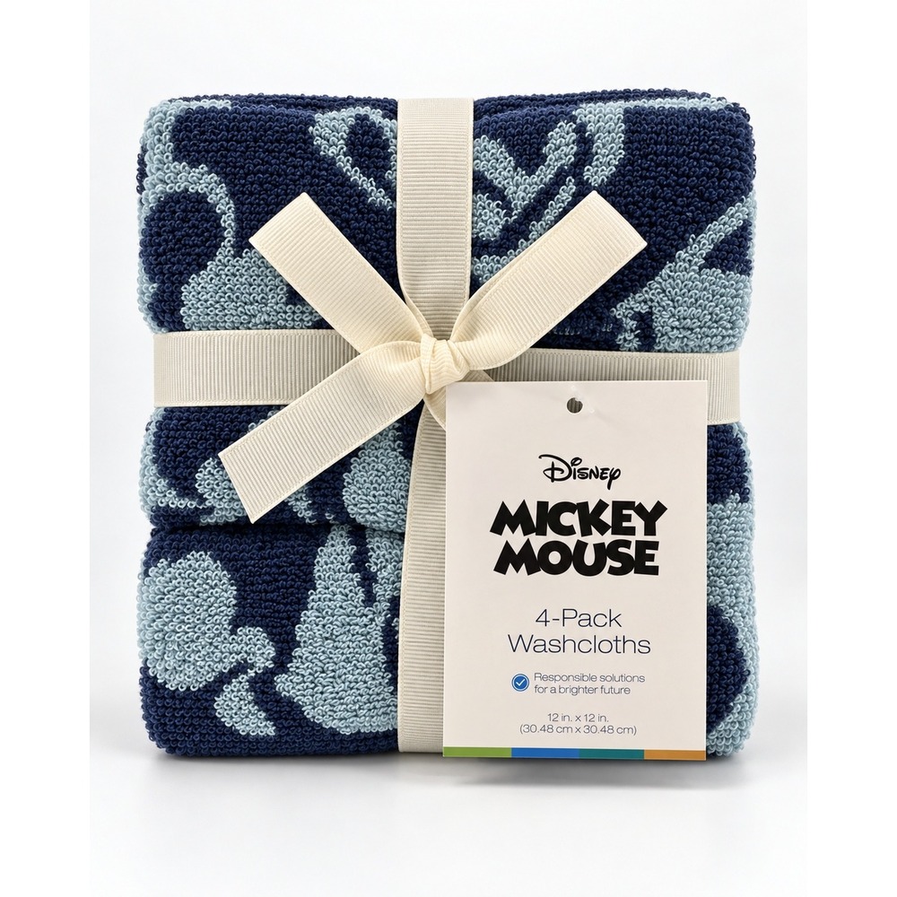 Disney Mickey Mouse The Big One Kids 4 Pack Washcloths 12x12 Inches Blue NWT